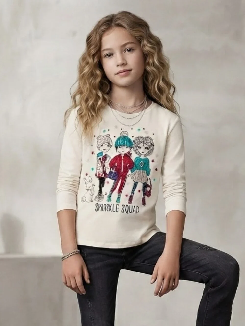 Garanimals Cream Long Sleeve Tee with Sparkle Squad Graphic